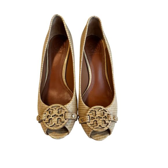 Tory Burch Shoes - Tory Burch Beige Lizard-Embossed Peep-Toe Wedge Heels Size 6.5M Heel 2.5”
